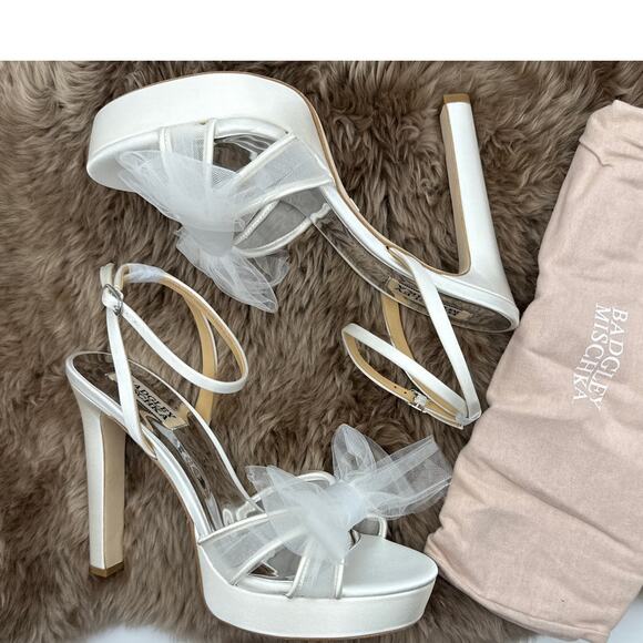 Badgley Mischka Sophie Platform Sandal Womens 9 Block Stiletto Tulle Bow Buckle - Picture 3 of 13